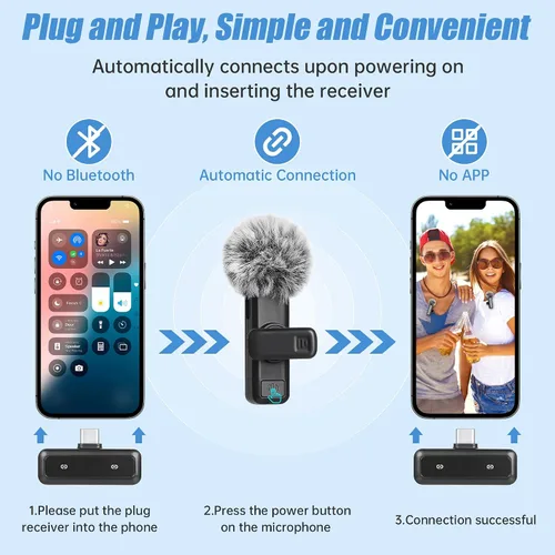 Vista 2 de Micrófono Lavalier inalámbrico para iPhone, mini micrófono con pantalla LED, Plug and Play, reducción de ruido, micrófono de teléfono para grabación