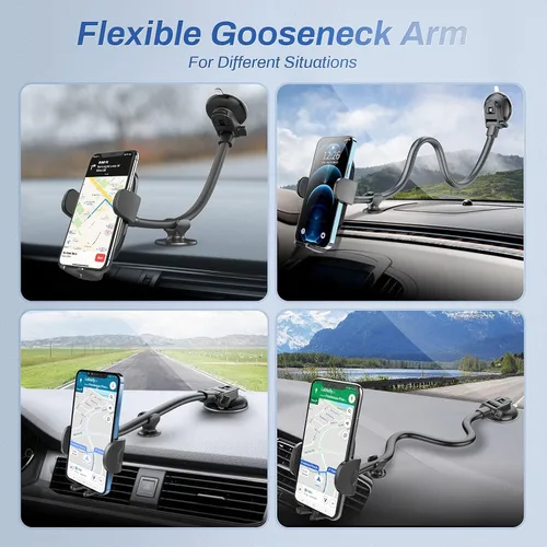 Vista 14 de OQTIQ Soporte para teléfono de automóvil de cuello de cisne de 13 pulgadas, soporte para parabrisas y tablero con ventosa fuerte, estabilizador