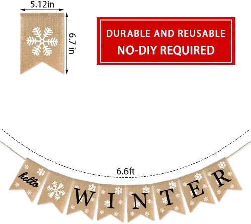 Vista 2 de Cartel de yute de arpillera de hola invierno, copo de nieve, mantel de Navidad, chimenea, banderines, decoración de festivales, banderas familiares