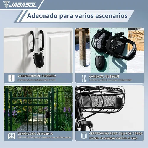 Vista 2 de JAGASOL Candado para casco de motocicleta, combinación de 4 dígitos, bloqueo de cable retráctil de 27.5 pulgadas para tabla de snowboard, bicicleta