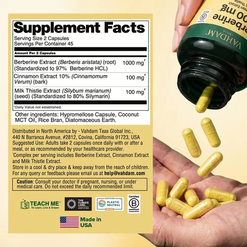 Vista 5 de VAHDAM Berberina 97% HCL 1200mg Extracto con canela y cardo mariano Apoya la salud del corazón y ayuda a mantener un metabolismo saludable