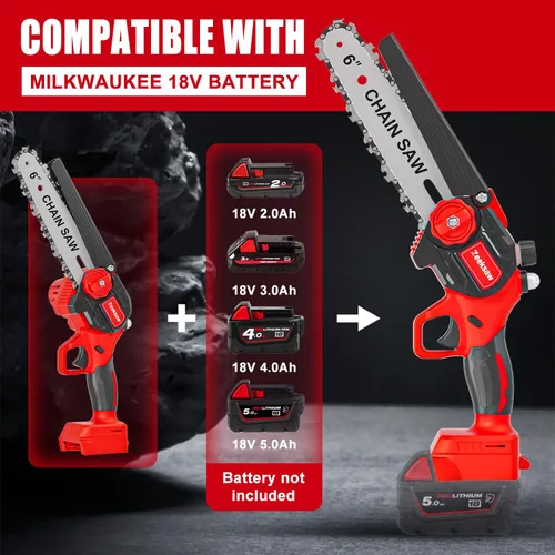 Vista 3 de Mini motosierra inalámbrica para batería Milwaukee M18, motosierra de mano de 8 pulgadas y 6 pulgadas con auto-aceitador, mini motosierra de 2-EN-1