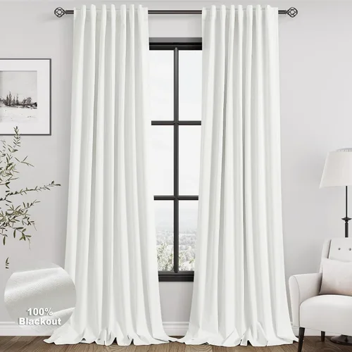 Vista 32 de Nanspring Cortinas de lino 100% opacas para dormitorio, 96 pulgadas de largo, con pestaña trasera, bolsillo para barra, aislamiento térmico, cortina