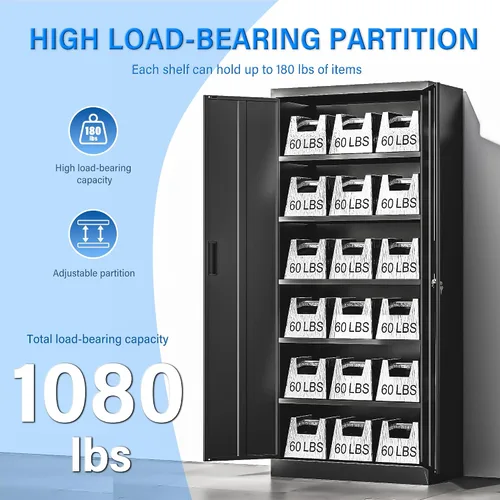 Vista 7 de BESFUR Gabinete de almacenamiento de metal, gabinete de almacenamiento de 71 pulgadas de alto con 5 estantes ajustables, gabinetes de metal