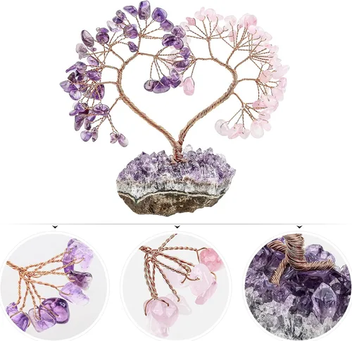 Vista 5 de TUMBEELLUWA Árbol de dinero con piedras de cristal con base de racimo de amatista natural, hecho a mano, figura de amor, árbol bonsái para buena
