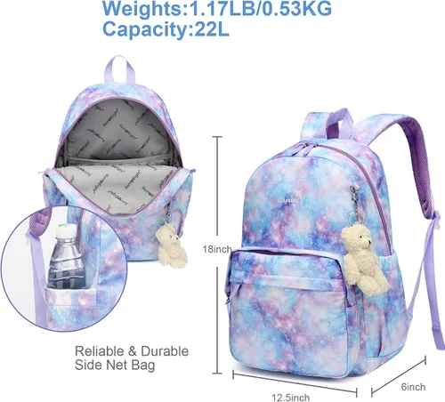 Vista 4 de Mochila ligera impermeable de ocio con patrón de cielo de estrella, bolsa escolar con diseño de flor de anacardo, azul, (Blue Starry Sky)