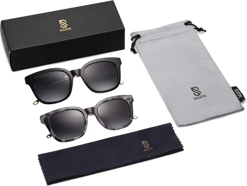 Vista 6 de SOJOS Paquete de 2 lentes de sol polarizados cuadrados clásicos para mujeres y hombres UV400 SJ2050