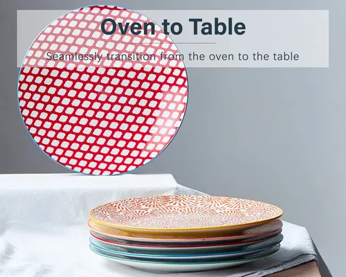 Vista 4 de ONEMORE - Juego de 6 platos de cena coloridos, platos de ensalada de porcelana de 10.5 pulgadas - Platos de cerámica grandes aptos para microondas