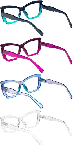 Vista 3 de Paquete de 4 elegantes lentes de lectura para mujer, a la moda, grandes, con bloqueo de luz azul, con bisagra de resorte
