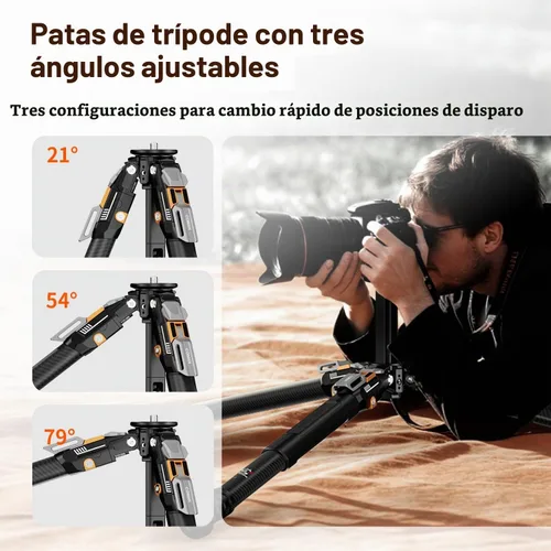 Vista 4 de COMAN Trípode de fibra de carbono T1 de apertura a presión, trípode resistente para cámara con carga máxima de 44 libras, trípode profesional