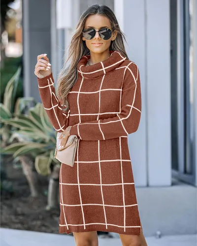 Vista 2 de luvamia Suéter de punto de cuello alto casual para mujer, vestido de suéter de rejilla acogedor