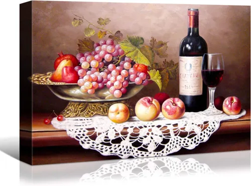 Vista 27 de Denozer - Arte de pared para cocina, lienzo, obras de arte de frutas, uvas, botellas de vino, alimentos, pintura en lienzo para comedor, decoración