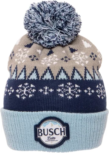Vista 2 de Busch Gorro de punto con pompón con diseño de copos de nieve con cerveza latte, Azul