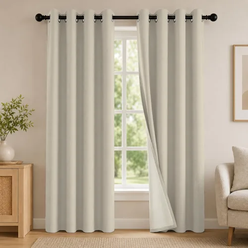 Vista 24 de 2 paneles de cortinas 100% opacas, de peso medio, con aislamiento térmico y ojales para dormitorio, sala de estar, tratamiento de ventana