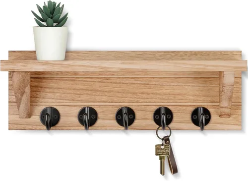 Vista 10 de Lwenki Soporte para Llaves de Pared con Estante, Estante Rústico con Ganchos Hecho de Madera de Paulownia que Sostiene Llaves, Correa de Perro Gris