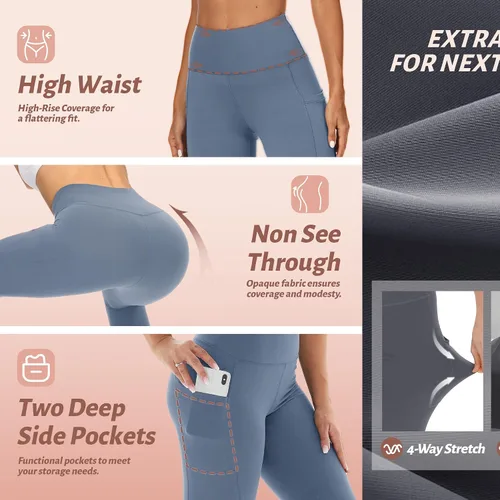 Vista 53 de NexiEpoch - Paquete de 4 leggings suaves para mujer, con bolsillos, control de abdomen y cintura alta, pantalones capri para yoga y ejercicio
