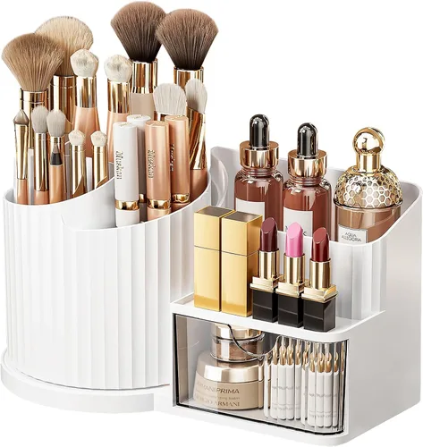 Vista 11 de Anyoifax Organizador giratorio de 360 brochas de maquillaje con 5 ranuras para brochas de maquillaje, taza en forma de flor, soporte para bolígrafo