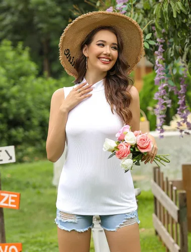 Vista 3 de HWOKEFEIYU Camiseta sin mangas de verano para mujer con cuello alto falso