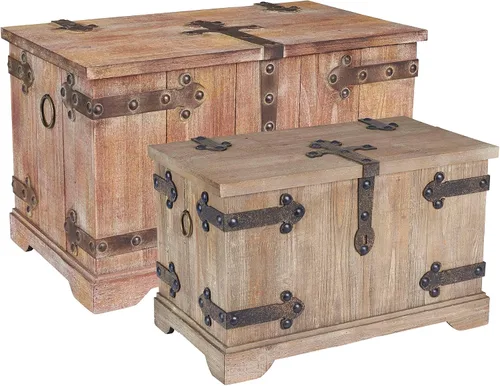 Vista 10 de Household Essentials Baúl decorativo de estilo victoriano, acabado en madera envejecida y acentos metálicos, con tapa completamente abierta y asas