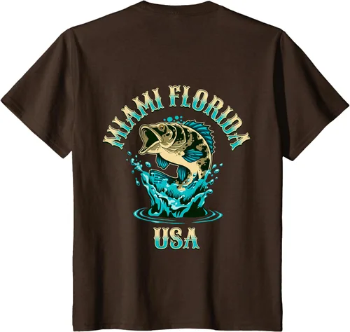 Vista 15 de Camiseta con diseño de pesca en la parte delantera y trasera de Miami Florida USA, Negro