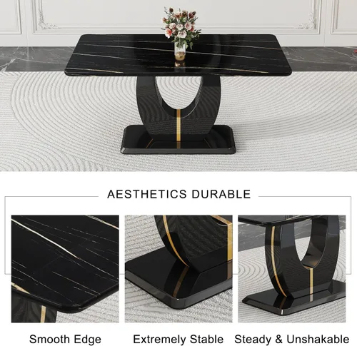 Vista 4 de JUFU Moderno juego de mesa de cocina y comedor, mesa rectangular con parte superior de mármol sintético, 63 pulgadas, color negro, 4 sillas