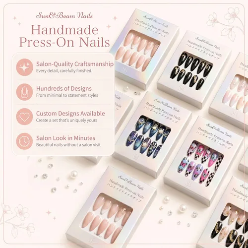 Vista 7 de Sun&Beam Nails Dije hecho a mano de almendra media larga con diseño de diamante de color nude, lindas puntas de uñas postizas, 10 unidades (#99 S)