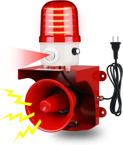 Vista 9 de Alarma con sensor de movimiento AC110V con detección humana, sirena ajustable de 120 dB y luces estroboscópicas LED ámbar, alarma de seguridad al