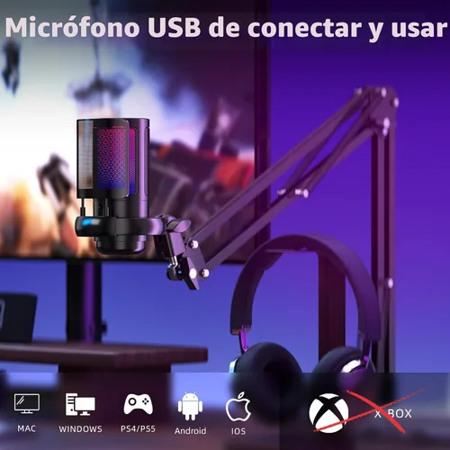 Vista 7 de Micrófono USB para juegos para PC, kit de micrófono de podcast para transmisión, micrófono de condensador con silencio rápido, brazo articulado