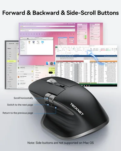 Vista 3 de TECKNET Ratón Inalámbrico, Ratón Bluetooth (BT5.0/5.0 & 2.4G) Ratón Óptico Ergonómico Recargable 4800 DPI con 6 Ajustables, Clics Silenciosos, Negro