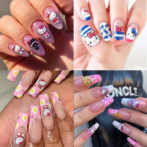 Vista 4 de Calcomanías de uñas bonitas, 8 hojas de calcomanías de uñas de dibujos animados kawaii 3D, autoadhesivas, diseño de gato, dijes de uñas acrílicas