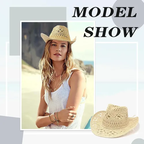 Vista 5 de Sombreros de vaquero de paja para mujer, sombrero de vaquera occidental brillante para fiestas de vacaciones, sombrero de sol plegable