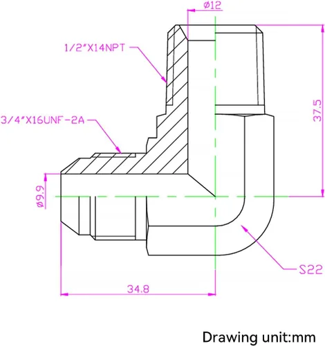 Vista 3 de HFS (R) 1/2" macho NPT a 1/2" macho JIC codo 90° Flare tubería de acero inoxidable 304 (1/2" MNPT x 1/2" MJIC)