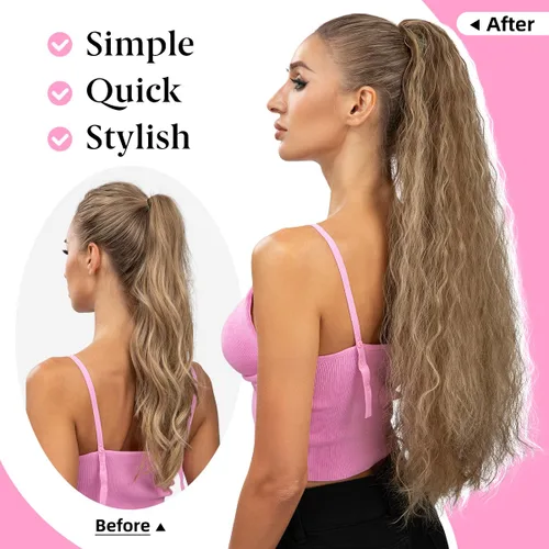 Vista 4 de Extensión de cola de caballo con cordón de 26 pulgadas de largo, esponjoso, ondulado, para mujeres negras, extensiones de cabello rizado para uso