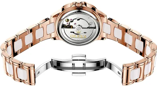 Vista 7 de OLEVS Relojes de oro rosa para mujer correa de acero inoxidable de cerámica reloj mecánico automático calendario de puntero luminoso impermeable