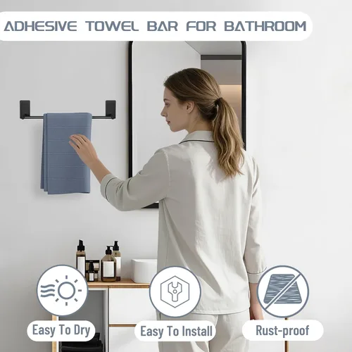 Vista 3 de Alise Toalleros para baño, barra para toallas adhesiva de acero inoxidable SUS 304 de 12 pulgadas sin taladro, toallero negro mate de fuerte