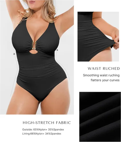 Vista 5 de SHAPELLX Traje de baño de una pieza con cuello en V para mujer, con control de abdomen, con corte fruncido