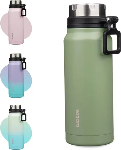 Vista 35 de BJPKPK Botella de agua aislada de 24 onzas con asa, sin BPA, botella térmica de viaje de acero inoxidable reutilizable, botella de agua grande, Negro