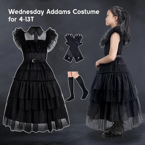 Vista 6 de KLFFLGID Wednesday Addams - Vestido de Halloween para niñas con guantes, cinturón y calcetines, traje de cosplay de la familia Addams