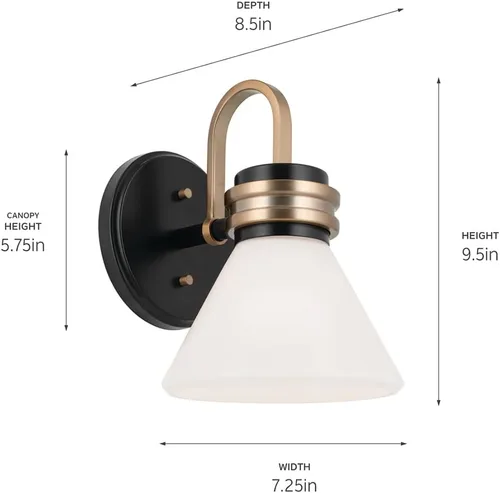 Vista 3 de Kichler Farum 55153BK - Aplique de pared con 1 luz, luz moderna con cristal ópalo en negro con bronce champán, clasificación húmeda, para entrada