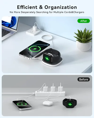 Vista 4 de Cargador inalámbrico plegable 2 en 1 Mag-Safe para iPhone 16 15 14 13 12 Series, Apple Watch Series/Ultra/SE, Airpods/Pro, cargador Magsafe portátil
