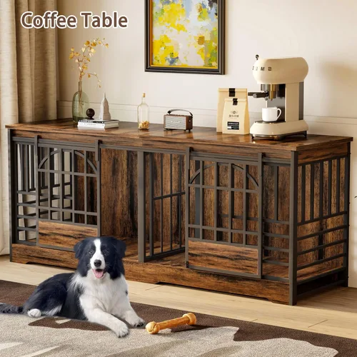Vista 7 de Mueble de jaula doble para perros de 78 pulgadas, perrera extra grande para interiores con divisor, jaula resistente para perros para 2 perros, casa