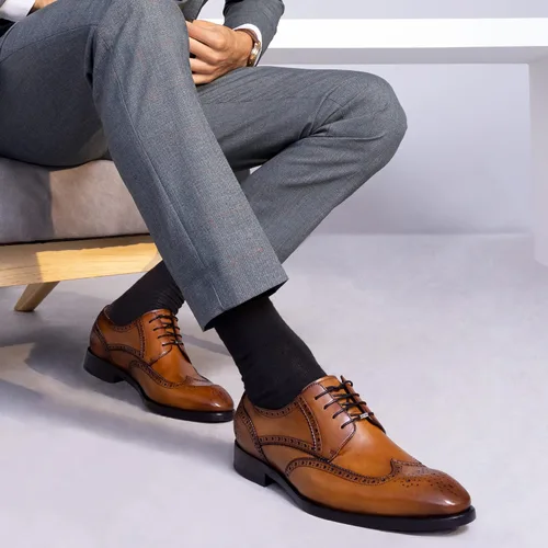 Vista 3 de Zapatos Oxford de vestir con punta redonda para hombre, zapatos Oxford Derby de cuero genuino con cordones