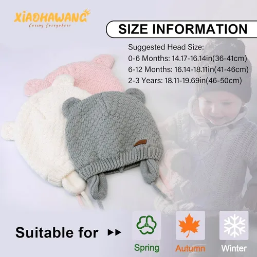 Vista 6 de XIAOHAWANG Gorro de bebé lindo oso para niños pequeños con orejeras cálido para otoño e invierno