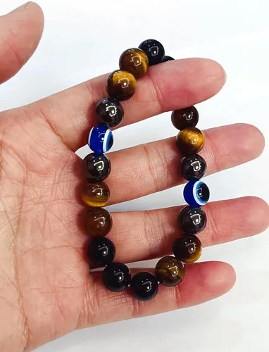 Vista 5 de Pulseras de triple protección con piedra de ojo de tigre de obsidiana negra con hematita para hombres y mujeres, pulsera de piedra curativa