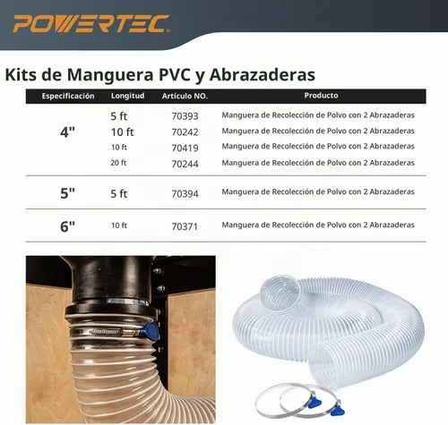 Vista 9 de POWERTEC Manguera de recolección de polvo de 4" x 5' con 2 abrazaderas de manguera de llave para sierra de mesa, sierra de cinta, cepilladora