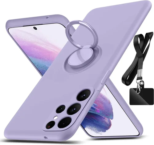 Vista 9 de Funda para Galaxy S22 Ultra, con soporte de anillo giratorio de 360° y cordón de correa de silicona líquida delgada funda protectora para Galaxy S22