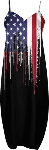 Vista 3 de PANOEGSN Vestidos largos de verano con bandera estadounidense para mujer, vestido sin mangas con tirantes delgados para el 4 de julio, vestido