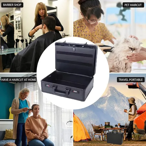 Vista 8 de Estuche de peluquero portátil para cortapelos y suministros, doble capa grande, herramientas de viaje, caja organizadora, kit de peluquería Negro