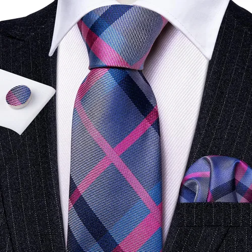 Vista 26 de Barry.Wang Juego de corbatas a cuadros para hombre con pañuelo gemelos de rayas clásicas