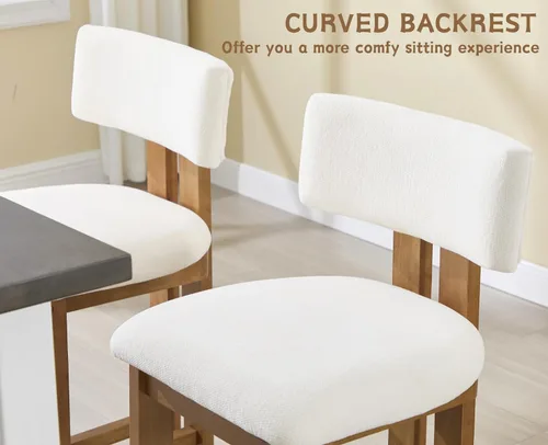 Vista 3 de Shunzhi Juego de 2 taburetes de bar tapizados de felpilla blanca con respaldo/patas de madera maciza, modernas sillas de bar altas para isla